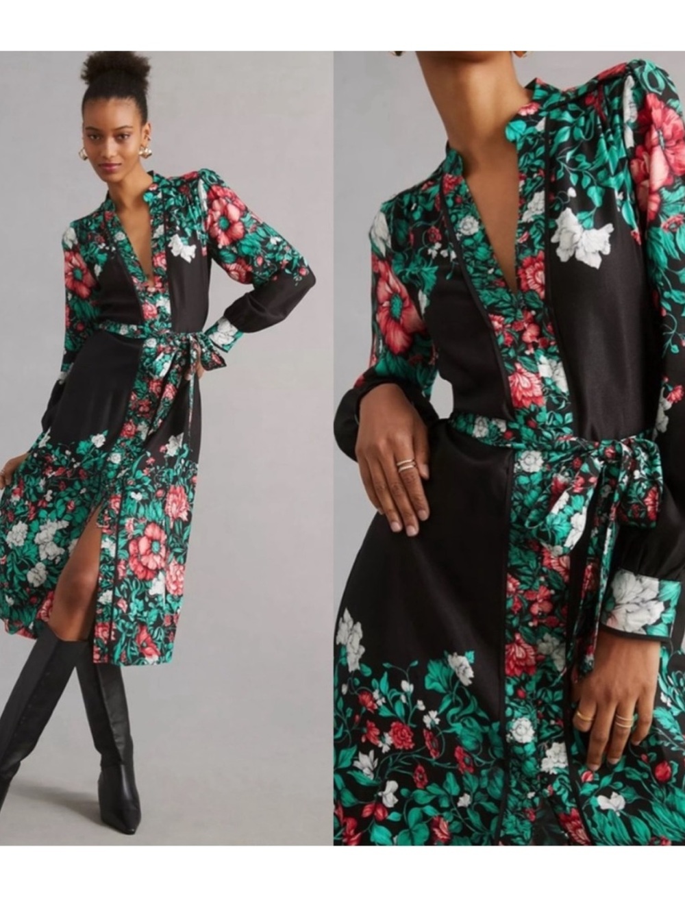 Anthropologie Floral Button-down Midi Dress w/Tie